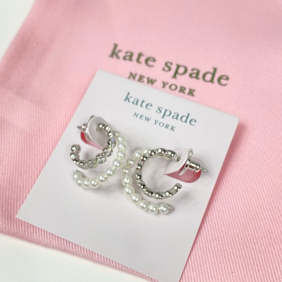COPY - NWT Kate Spade Double Silver Hoop Rhinestone and Pearl Earrings - Picture 2 of 5